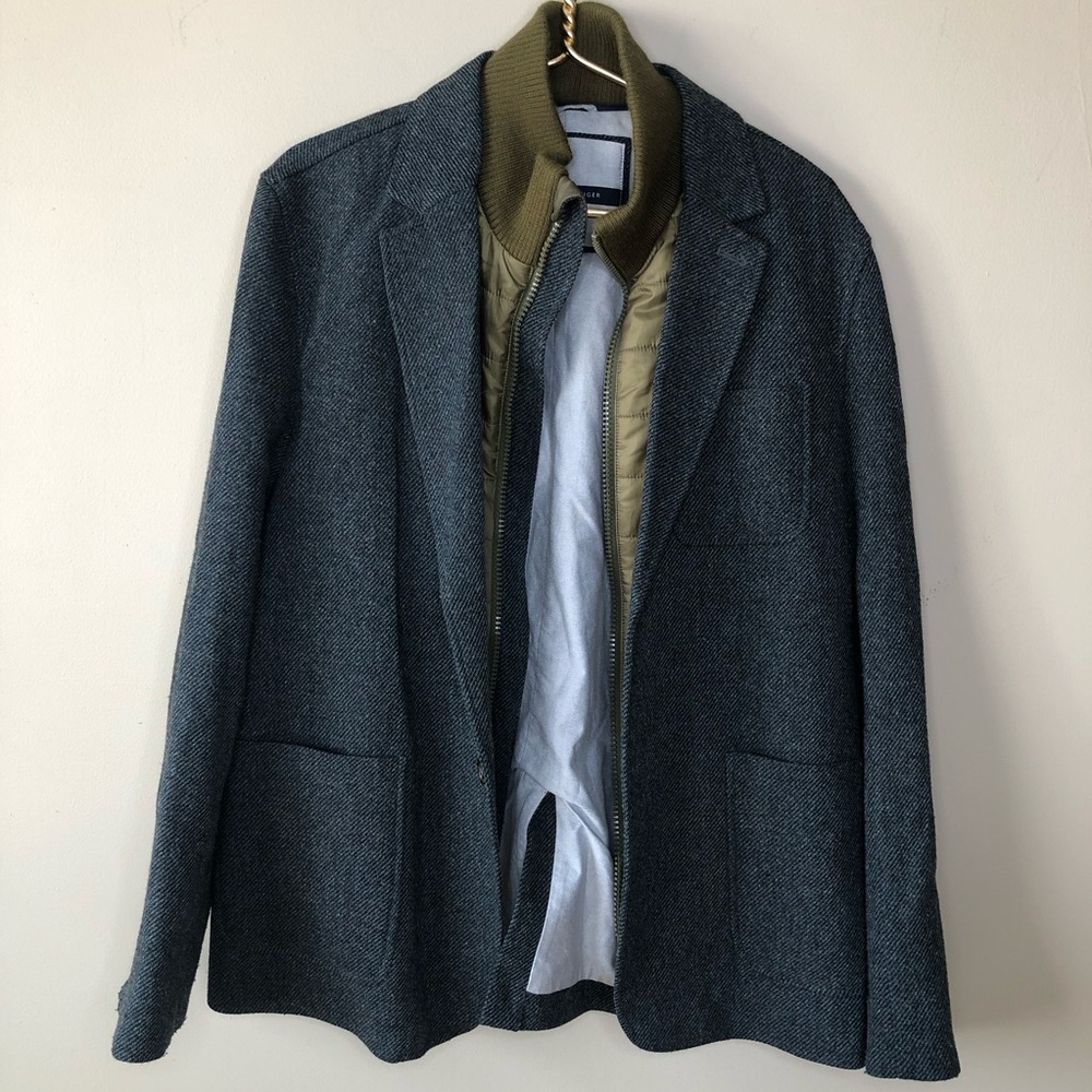 Men's Tommy Hilfiger Grey Wool Blazer Green Quilted Detachable Dickie Jacket L